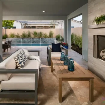 The Del Ray (2) Custom backyard design with deco-tile pool wall, fireplace and organized planting.