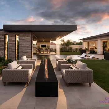 The Fiora (3) Custom backyard design with metal shade structure, outdoor dining area and artificial turf.