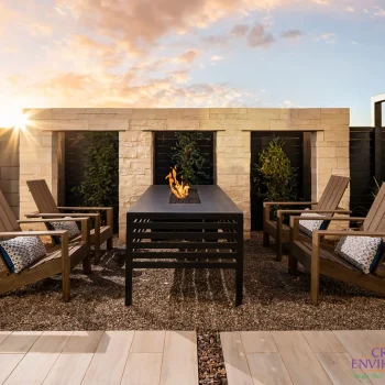The Haralson at Flora at Morrison Ranch (4) Custom backyard design with hanging plants, fire table and outdoor seating area.