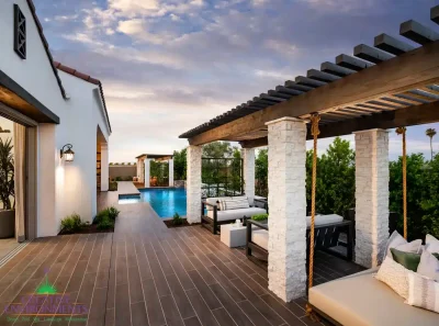 Custom backyard design with slatted shade structures, hanging daybed and blue pool.