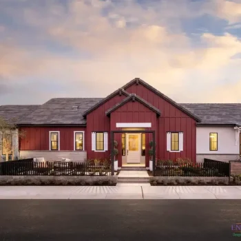 The Midwood Custom front yard design with farmhouse design, metal fencing and metal archway.