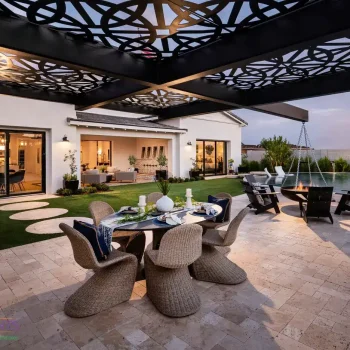 The Triana (7) Customized backyard design with patterned metal shade structure, multiple seating areas and cantilevered wok fire pit.