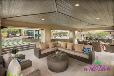 Custom backyard design with artificial turf pattern, zero-edge pool and outdoor entertainment area.