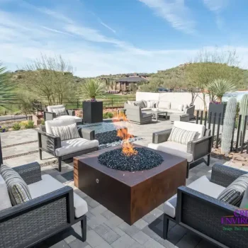 WM2_2263 Backyard design with fire pit, cacti and palm trees.