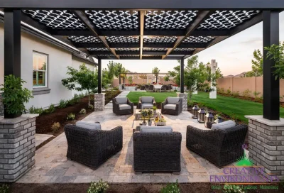Custom backyard design with patterned metal shade structure, multiple seating areas and real grass.